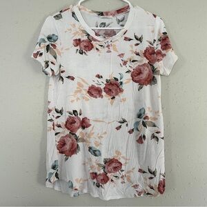 12 PM by Mon Ami White Pink Floral Short Sleeve Blouse Soft Comfy Stretch Large